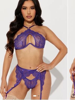 Sheer Lace Strappy  Bra & Garter Set - Purple